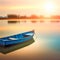 Rustic Blue Rowboat Anchored On Calm Lake Water