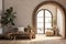 Rustic boho interior design of modern entrance hall with arched doorway