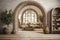Rustic boho interior design of modern entrance hall with arched doorway
