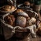 A rustic bread basket filled with a variety of freshly baked loaves