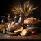 Rustic bread and wheat on an old vintage planked wood table