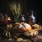 Rustic bread and wheat on an old vintage planked wood table