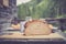 Rustic breakfast on an alpine hut: fresh crisp bread and milk in glass bottle, outdoors