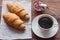 Rustic Breakfast with croissants, black coffee and jam