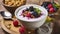 A Rustic Breakfast with Yogurt, Granola, Berries, and Freshly Brewed Coffee