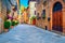 Rustic brick and stone houses decorated with colorful flowers, Italy