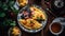 A rustic brunch plate with homemade pancakes, blueberries, and honey generated by AI