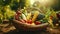 A rustic bucket overflows with just-picked vegetables, vegetable bucket