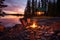 rustic cabin with a campfire on the lakeshore