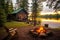 rustic cabin with a campfire on the lakeshore