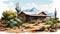 Rustic Cabin Decor Western Style Illustration Of Desert Scenery