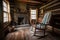 rustic cabin with fireplace, rocking chair and quilt
