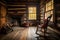 rustic cabin with fireplace, rocking chair and quilt