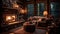 A rustic cabin-inspired room with a cozy fireplace and log cabin walls. AI generated