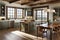A rustic cabin kitchen with sunlight streaming through