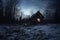 Rustic Cabin, Mountain Cabin. winter night fantasy forest. Christmas season landscape. Wooden hut.