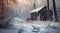 Rustic Cabin, Mountain Cabin. Wood cabin in a winter forest landscape. Snowing Christmas.
