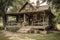 rustic cabin with weathered wooden siding and wrap around porch