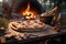 rustic campfire with pizza dough on a stone by the fire