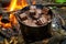 a rustic campfire setup with hot chocolate pot