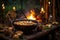 rustic campfire setup with paella pan and warm flames