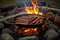 rustic campfire with venison sausage links sizzling
