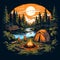 Rustic campsite surrounded by nature with a crackling campfire