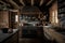 rustic chalet kitchen, with wooden cabinets and stone counters, featuring cast-iron pots and pans