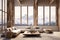 Rustic chalet in mountains. Interior design of modern living room with wooden columns and beams. Created with generative AI