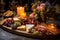 rustic charcuterie board with candles and flowers