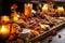 rustic charcuterie board with candles and flowers