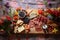 rustic charcuterie board on vintage tablecloth