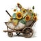 Rustic Charm: Antique Wheelbarrow Brimming with Sunflowers Watercolor AI Generated