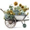 Rustic Charm: Antique Wheelbarrow and Sunflowers in Watercolor Illustration AI Generated