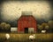 Rustic Charm: A Serene Scene of Three Sheep and a Red Barn in Wi