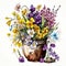 Rustic Charm: Spring Flowers in a Worn Metal Pot AI Generated