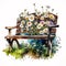 Rustic Charm: Watercolor Wooden Garden Benches with Wildflowers AI Generated
