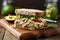 a rustic chicken salad sandwich on a wooden board