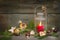 Rustic christmas lantern with candlelights and wooden background