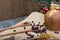 Rustic christmas table with wooden spoons. raisin and christmas panettone