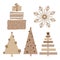 Rustic Christmas tree, gift box and snowflake set. Modern boho winter vector illustration. Neutral beige alternative