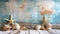 Rustic Coastal Decor with Starfish and Seashells on Weathered Wooden Background