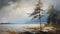 Rustic Coastal Landscape Painting With Trees And Rocks