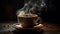 Rustic coffee cup on wood table emits scented steam aroma generated by AI