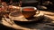 Rustic coffee table holds hot drink in pottery mug indoors generated by AI