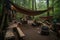 rustic yet comfortable campsite, with inviting hammock and lantern for evening reading