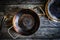 Rustic cooking pan on wooden table