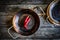 Rustic cooking pan on wooden table