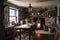 rustic cottage dining room with cozy fireplace, wooden tables, and vintage accessories