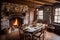 rustic cottage dining room with cozy fireplace, wooden tables, and vintage accessories